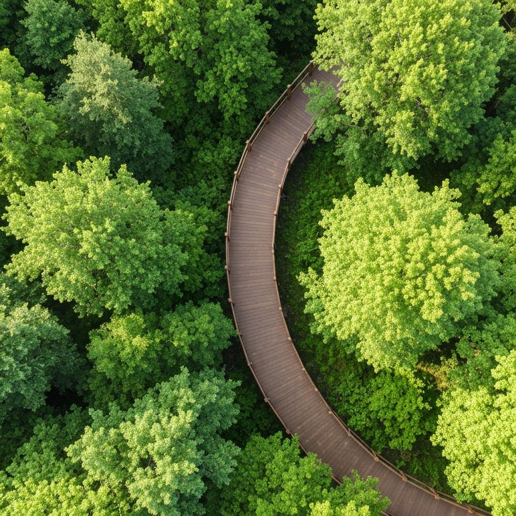 Aerial view of deck walkway through forest